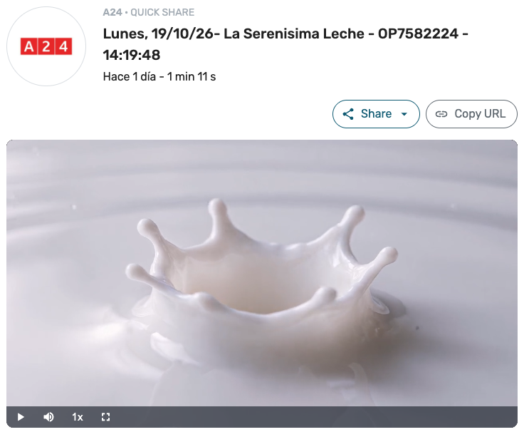 Evidencia de emisión de un spot de TV con enlace para compartir