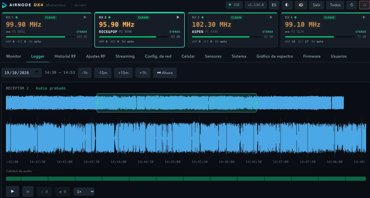 Logger del AIRNODE con forma de onda, selección de rango y exportación a MP3.