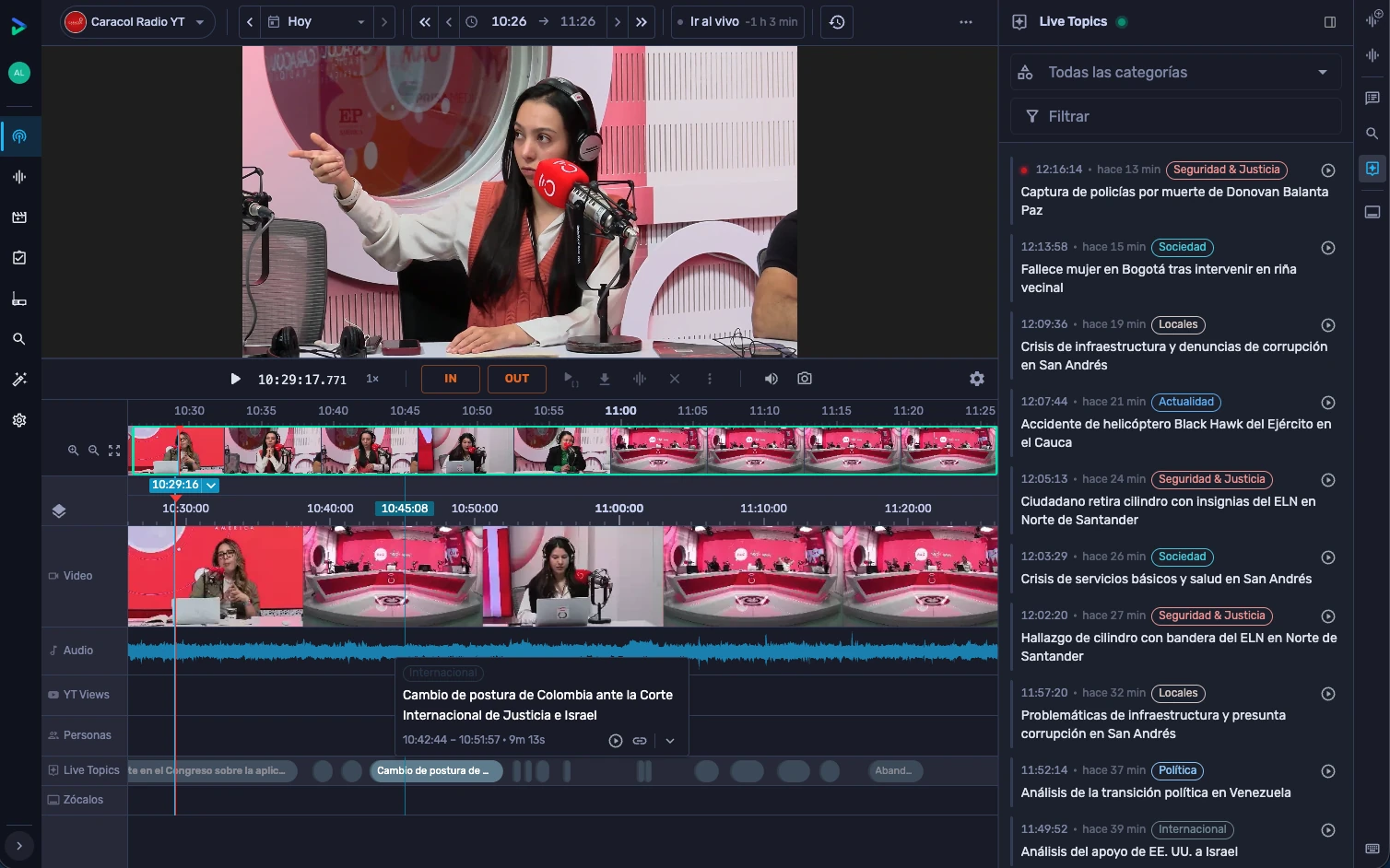 Visual radio en Mediainbox con línea de tiempo y Live Topics detectando temas en vivo