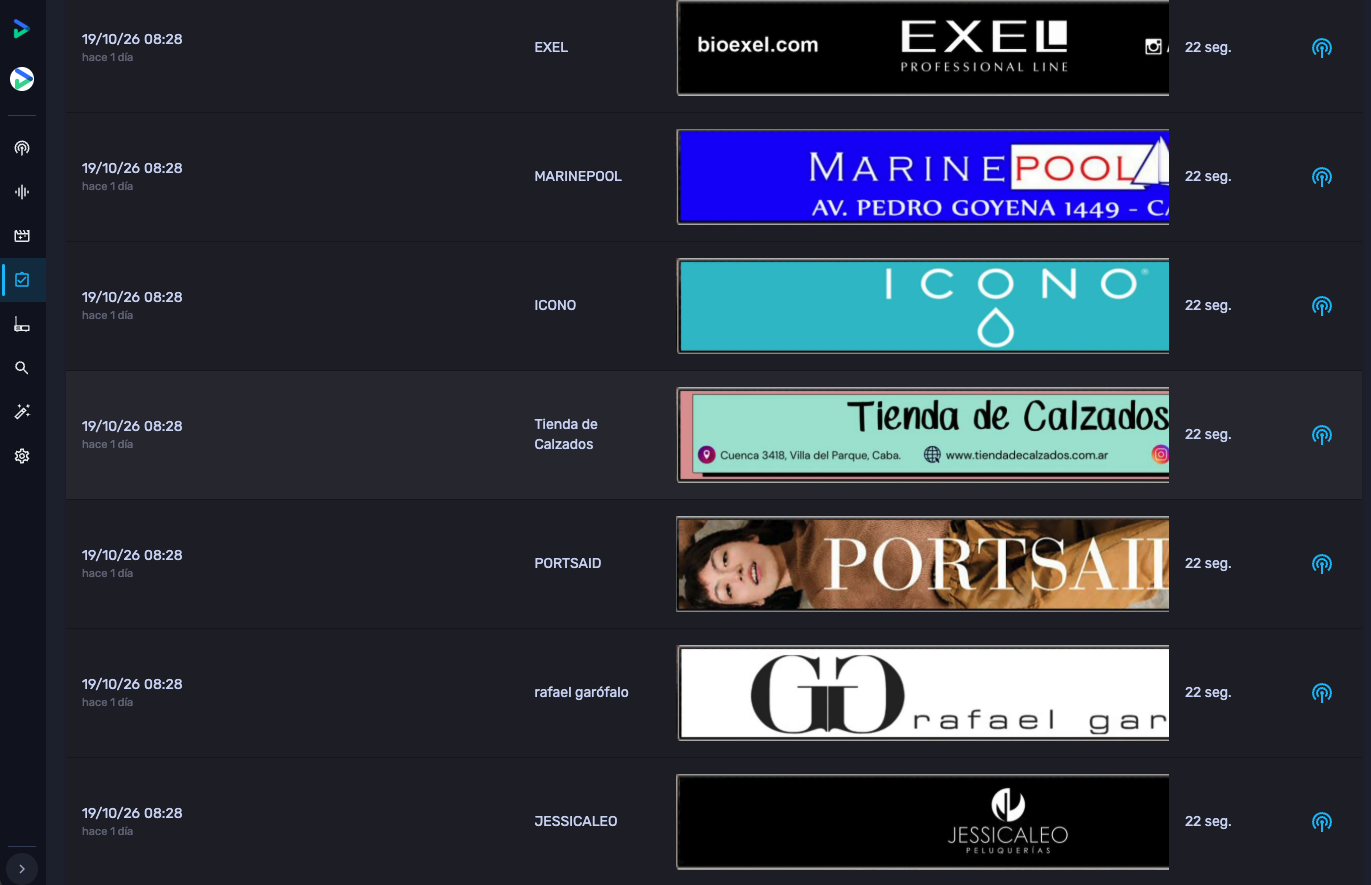 Listado de ad overlays detectados con fecha, anunciante, captura y duración