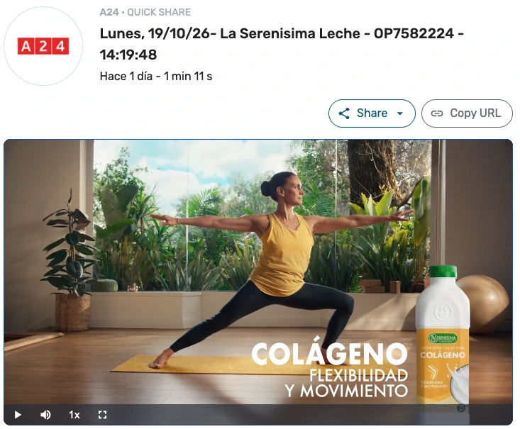 Evidencia de emisión de un spot de TV con el video del aviso
