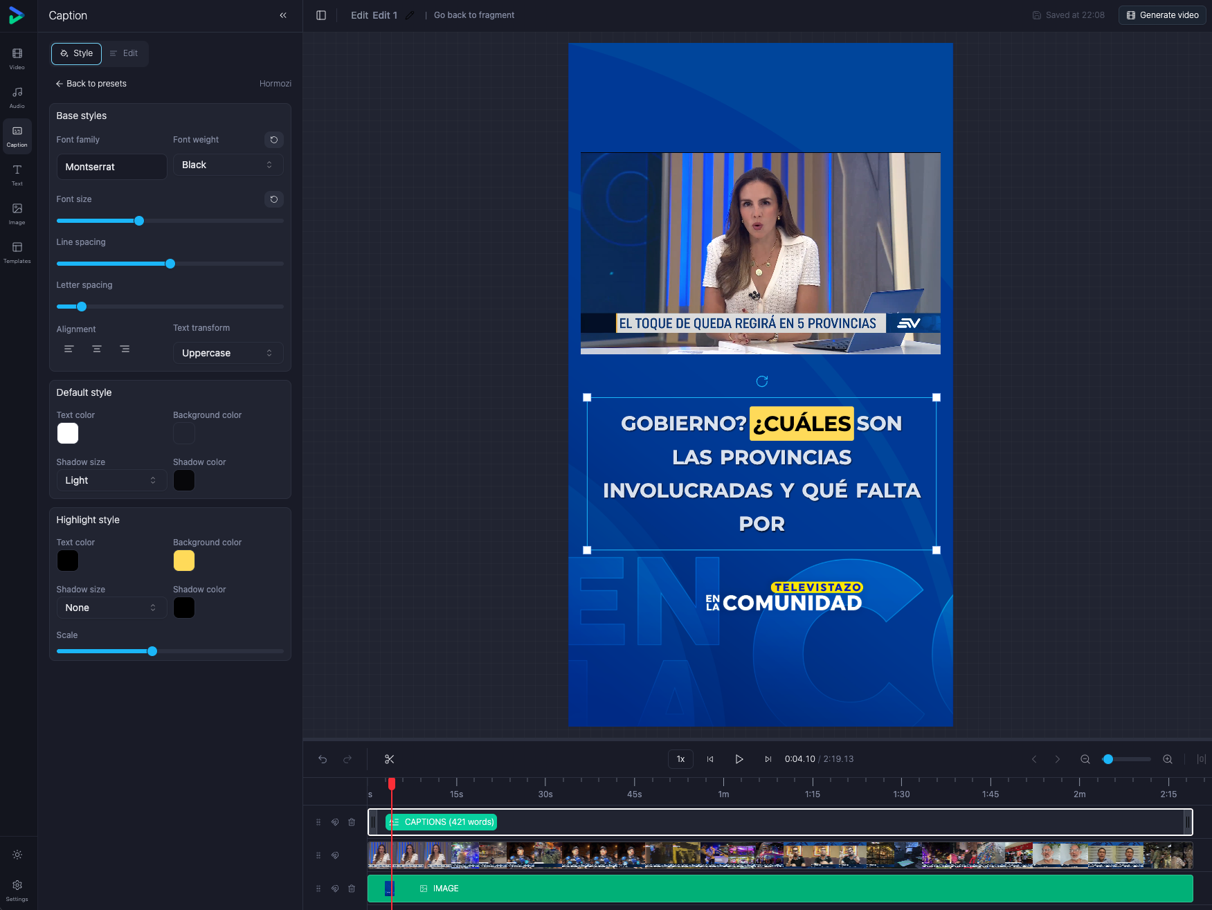Editor multipista de Mediainbox con plantilla, textos y fuentes