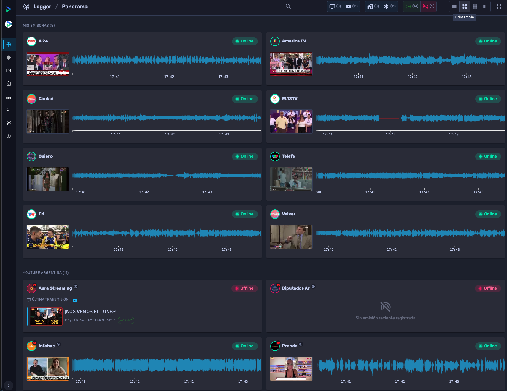 Logger de TV con video, capas de zócalos, ad overlays y personas.